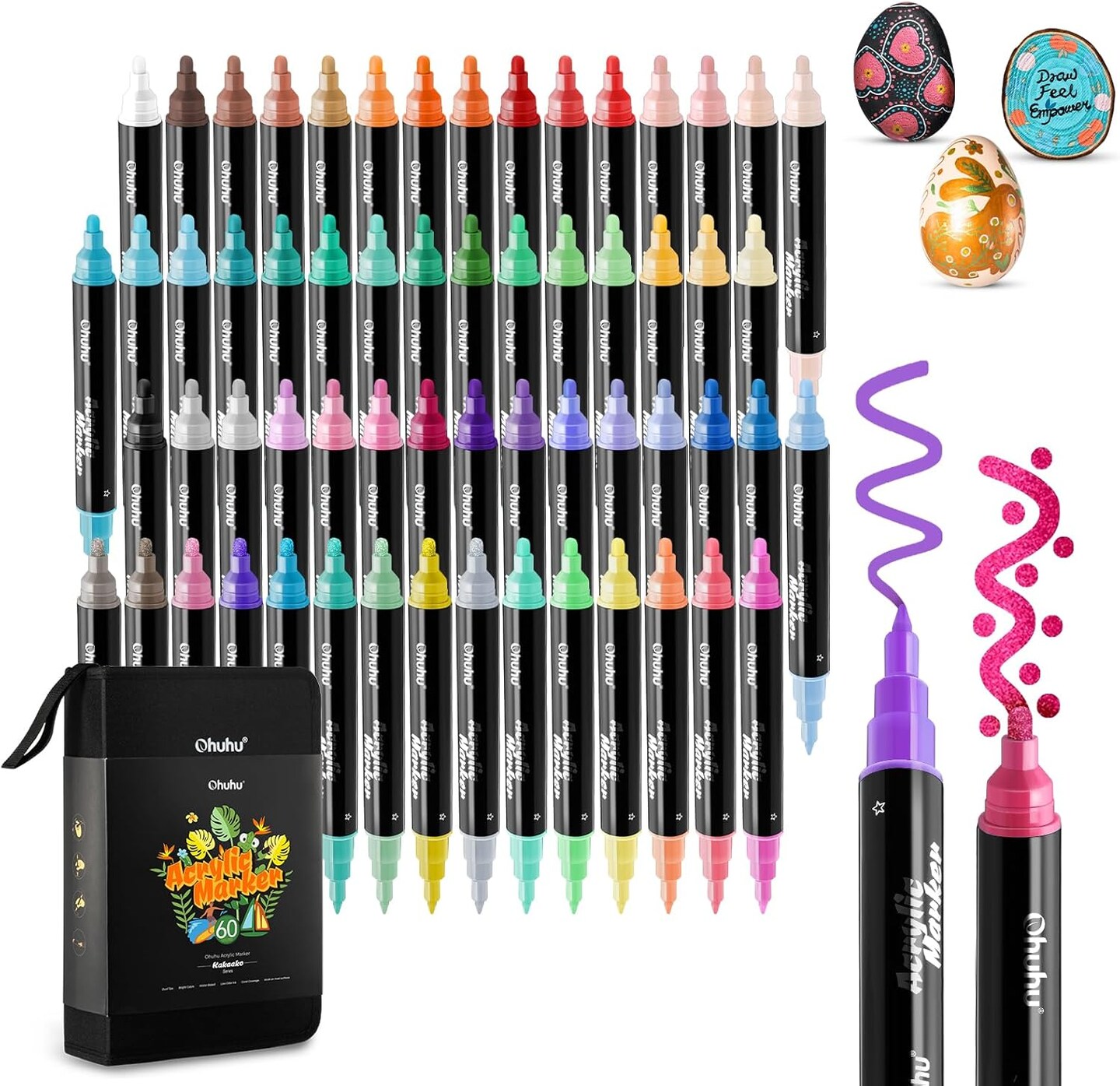 Ohuhu Acrylic Paint Markers 60 Colors: Dual Tips (Round &#x26; Fine) Acrylic Markers High Opacity Paint Pens Waterproof Lightfast for Rock Painting Easter Eggs Wood Glass Ceramic Canvas - Kakaako