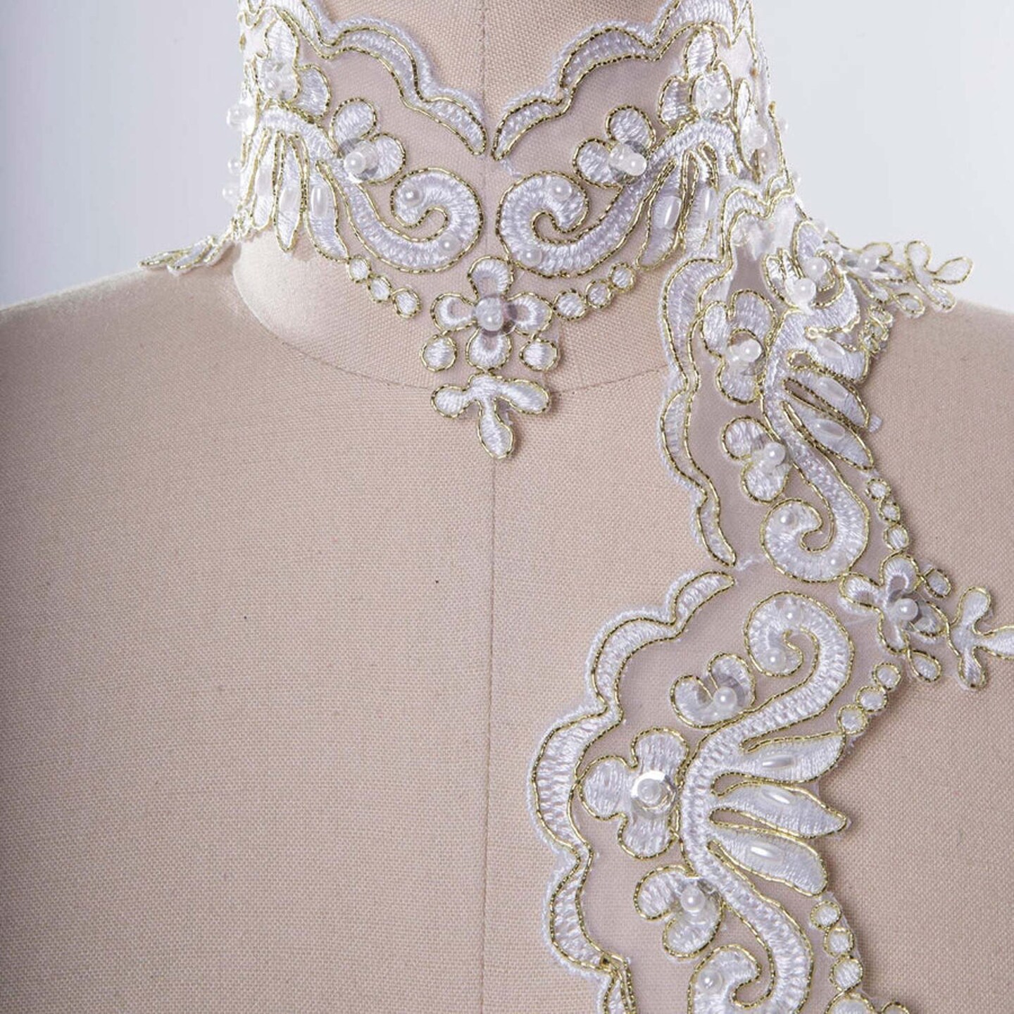 1 Yard Heavenly White & Gold Beaded Bridal Lace Trim on Chiffon 2.5" Height