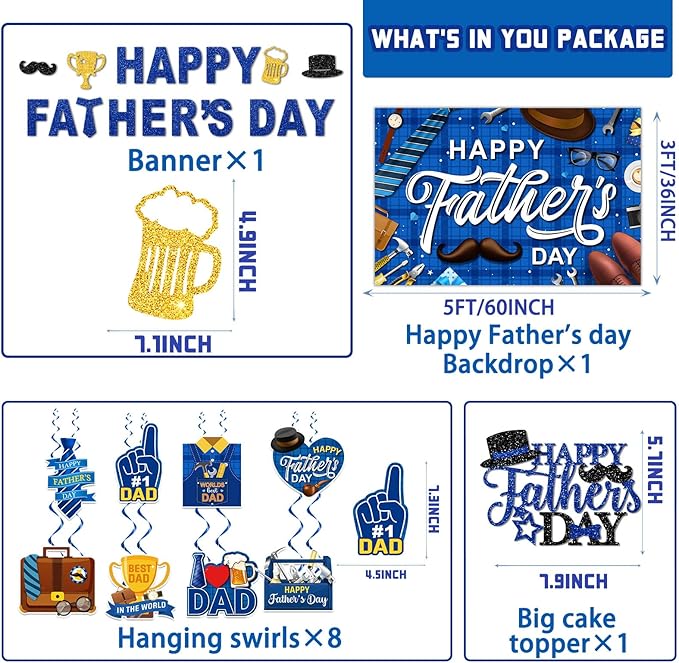 Happy Father's Day Decorations Set - Fathers Day Banner, Backdrop, Balloons, Honeycombs, Hanging Swirls, Cake Topper, Pom Poms and Paper Fans for Best Dad Father's Birthday Party Supplies