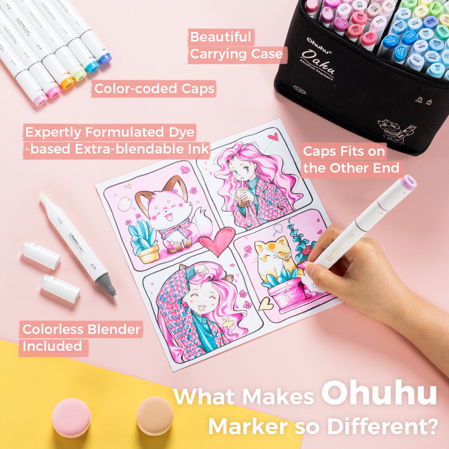 Ohuhu Alcohol Markers, 120-color Marker Set for Artists, Oahu Series, Double Tipped Alcohol Based Art Markers for Adults Coloring Sketching Illustration, Marker Case, Fine &#x26; Chisel