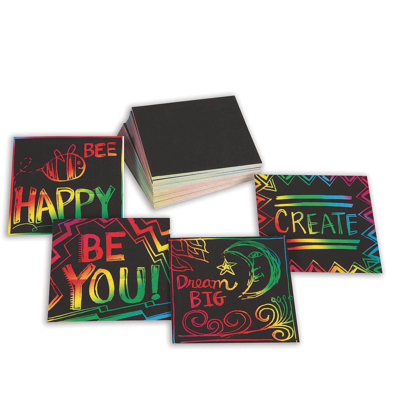 S&S Worldwide Scratch Artist™ 4" Sq. Mini Sheets, Cardstock Squares Coated in Black Scratchable Art Surface over a Rainbow of Colors, For Notes & Doodles, Scratch Tools Sold Separately, Pack of 100