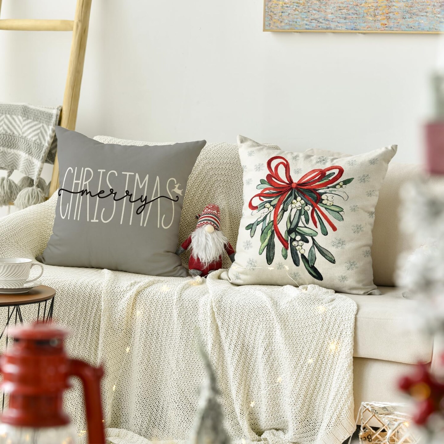 Merry Christmas Tree "Hello Winter" Throw Pillow Covers 18x18 Inch, Mistletoe & Pine Holiday Cushion Cases for Sofa & Couch, Set of 4