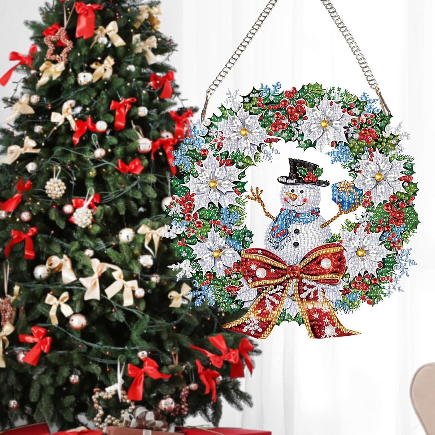 Christmas Diamond Painting Hanging Ornament, 5D Special Shape Snowman Wreath Diamond Art, Crafts for Adults DIY Gem Art, Acrylic Home Garden Decor Wall Art with Chain, Box Kit, 7.87x7.87inch