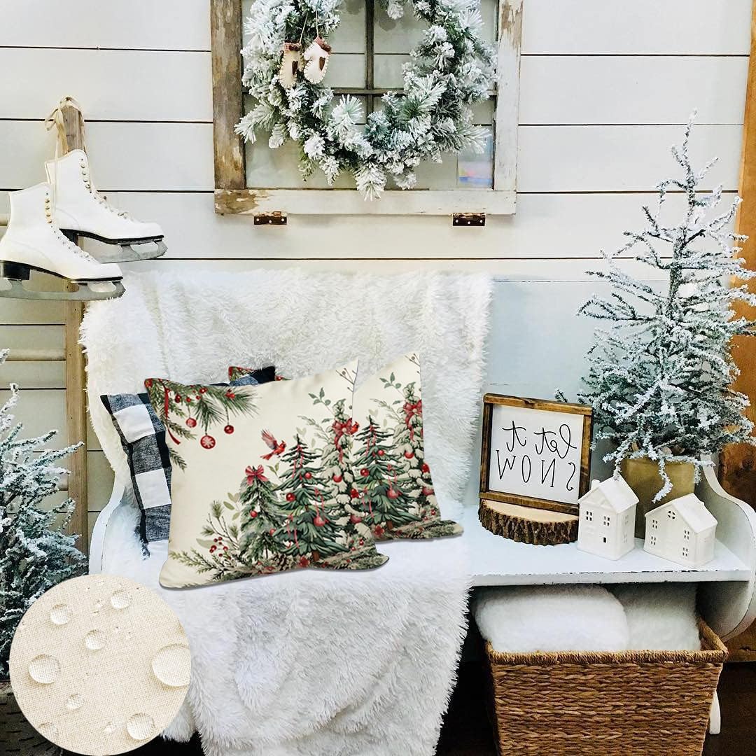 Christmas Pillow Covers 18x18 Inch,Outdoor Christmas Tree Decorative Throw Pillows Waterproof Set of 2,Winter Pillow Cases,Christmas Decorations for Couch Home Holiday Xmas Green Pine(7-18)