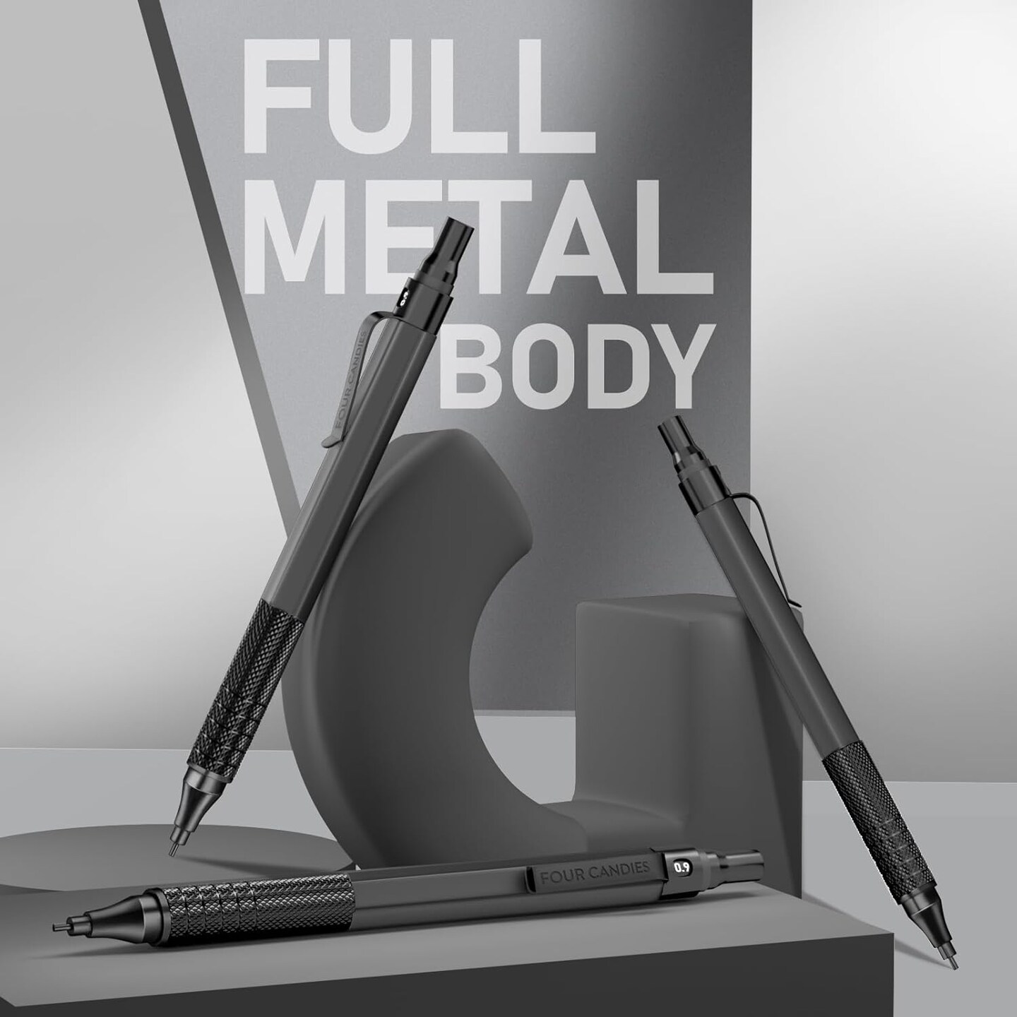 0.9mm Metal Mechanical Pencil Set – 3 Pencils with 480 HB Lead Refills, 3 Erasers & 9 Eraser Refills in Case – Ideal for Art, Drafting, Writing, and Engineering (Black)