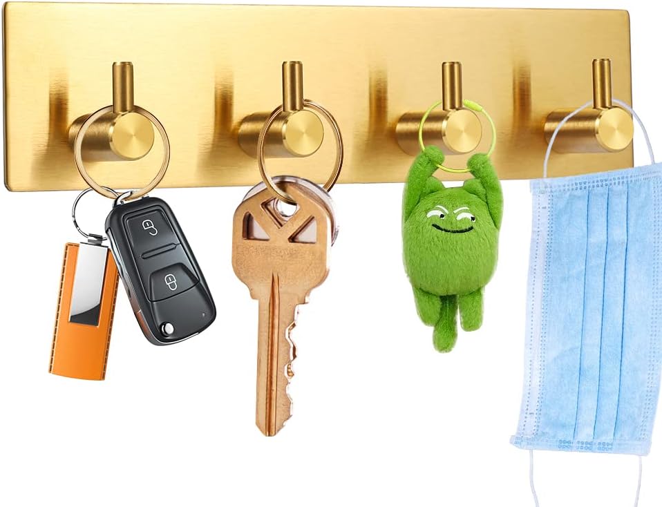 Key Holder for Wall Decorative, Adhesive Stainless Steel Key Hooks, Key Hanger Key Organizer for Wall, Towel Hook Coat Hanger for Entryway Hallway Kitchen(Four Rows,Golden 1PCS)