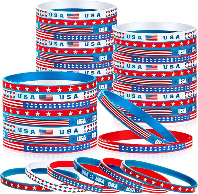 100 Pcs USA Rubber Wristbands Bulk American Flag Silicone Stretchable Bracelet Patriotic Veterans Rubber Bracelets Red White Blue