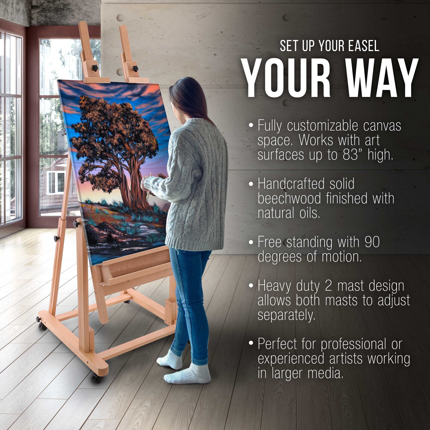 Extra Large Double Mast Wooden H-Frame Easel: Adjustable Studio Artist Easel for Painting with Rotating Canvas Stand, Artist Storage Tray &#x26; Locking Pro Caster Wheels, Premium Beechwood