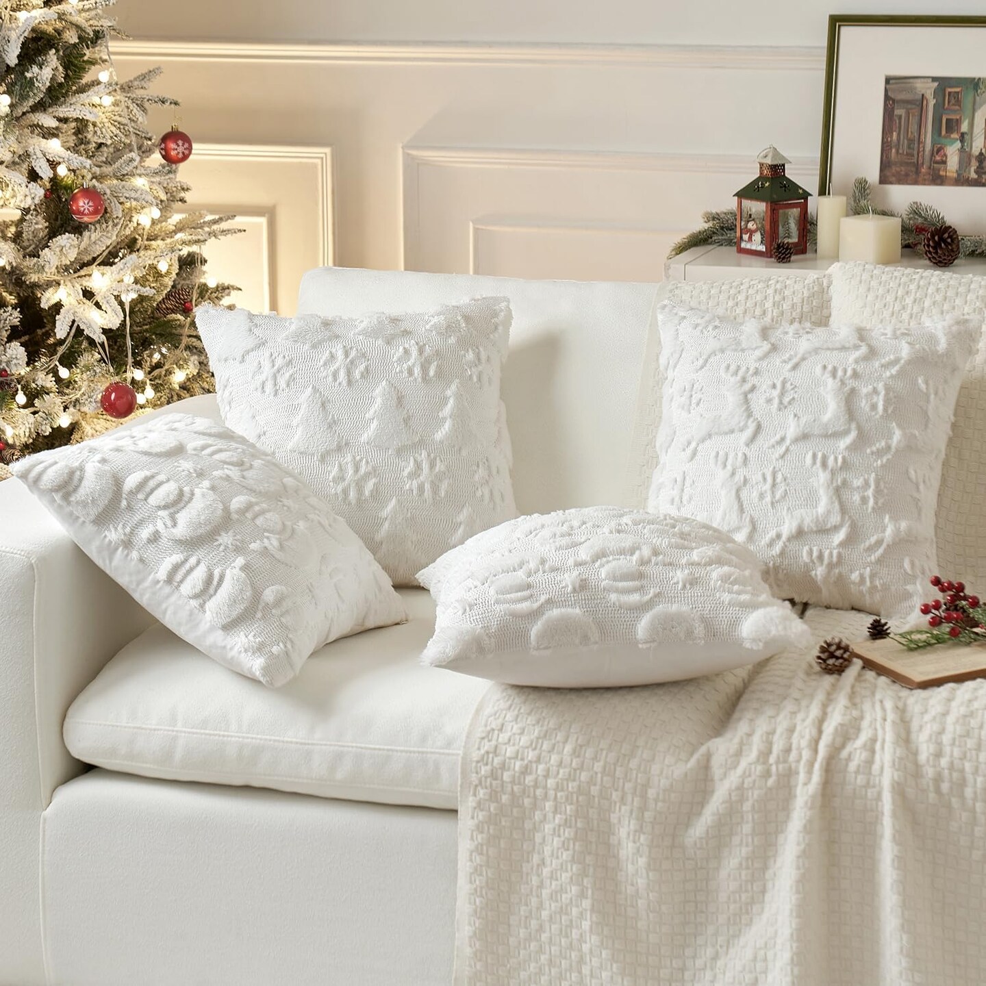 Christmas Reindeer and Snowflakes Pillow Covers 18x18 Inch Pure White Throw Pillows Set of 2 Decorative Soft Fluffy Winter Pillow Covers for Home Decors Couch Sofa Livingroom Bed