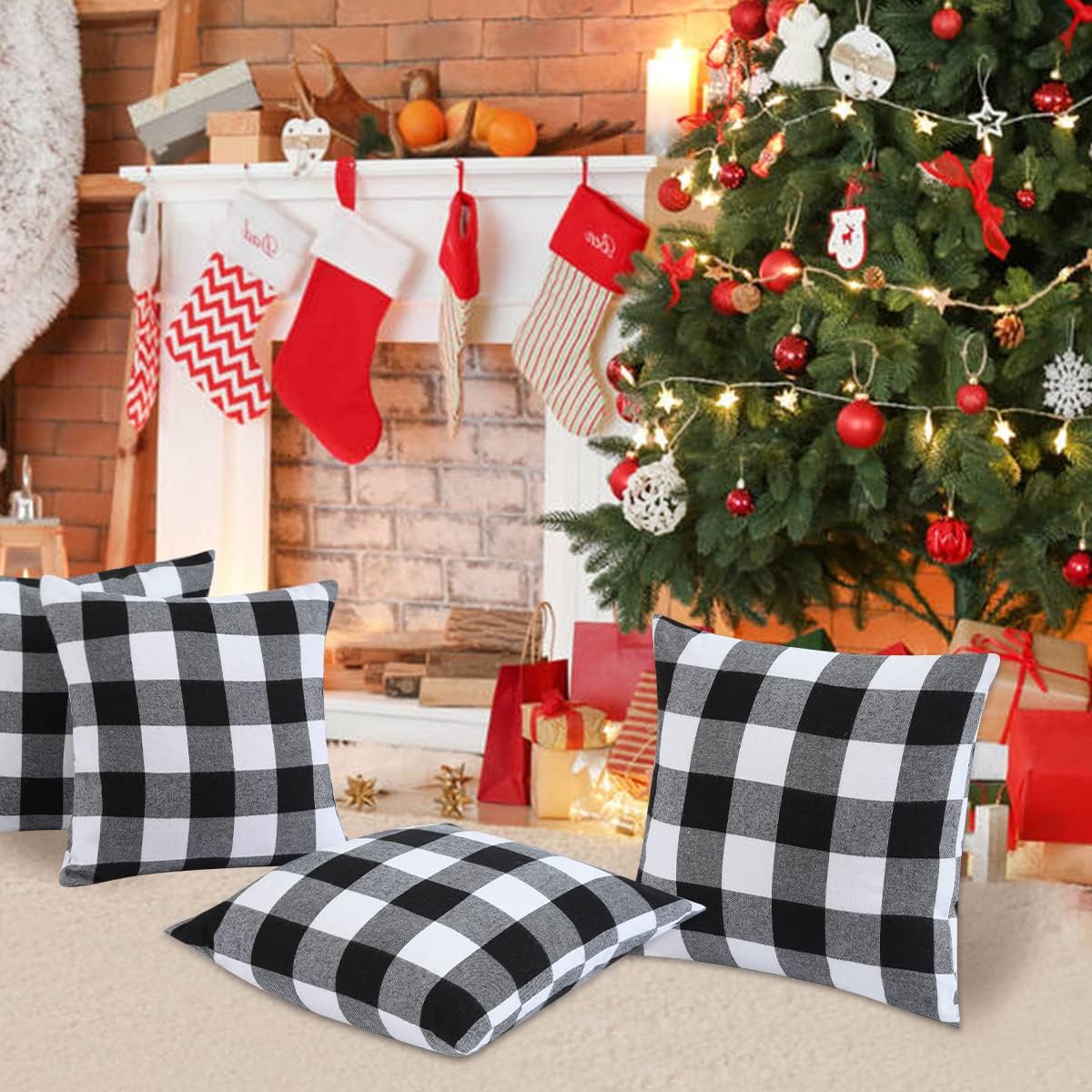 Christmas Pillow Covers - Set of 4 Buffalo Black and White Plaid Throw Pillow Covers, 18 x 18 Inches Cotton Pillow Cover Christmas Decorative Cushion Case for Sofa Couch Christmas Home Decor