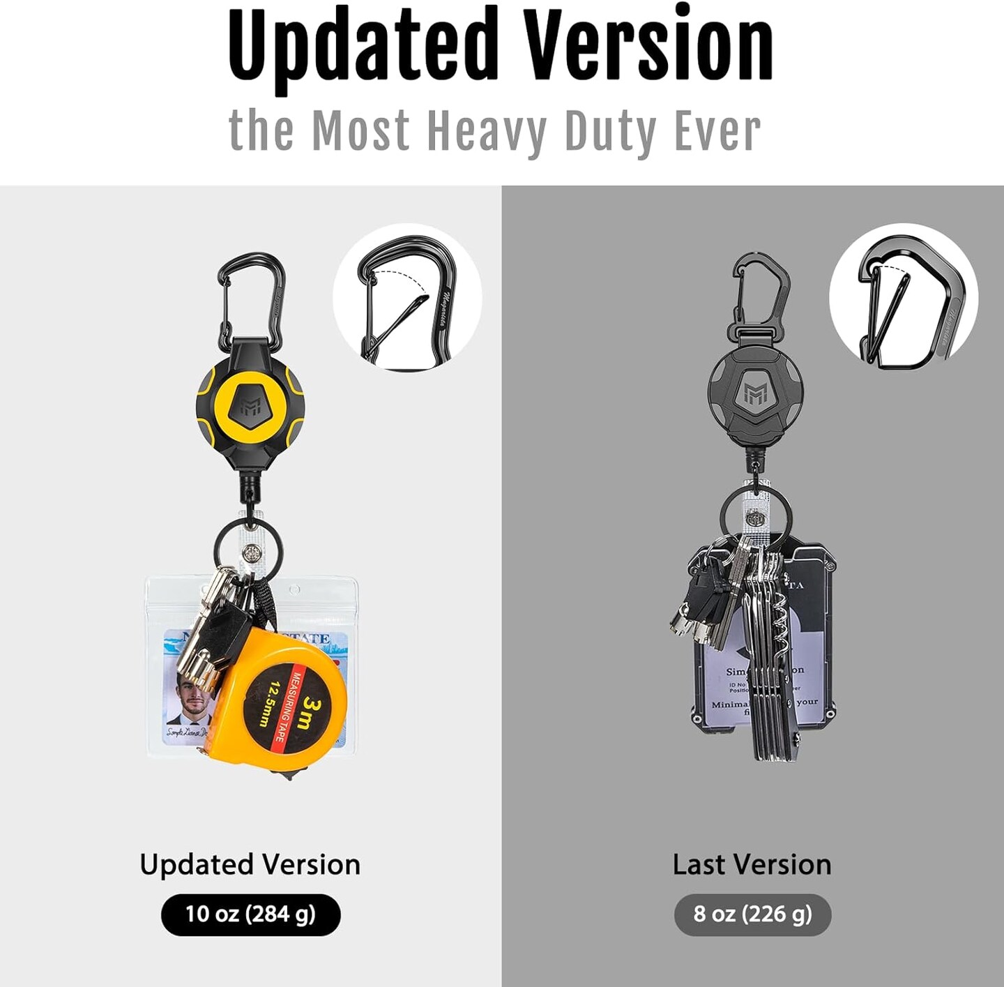 2-Pack Heavy-Duty Retractable Keychain – 10 oz Strong Retraction, 31.5" Stainless Steel Cable, Carabiner Badge Reel with ID Strap & Key Ring for Everyday Carry (Vivid Yellow 2 Pc.)
