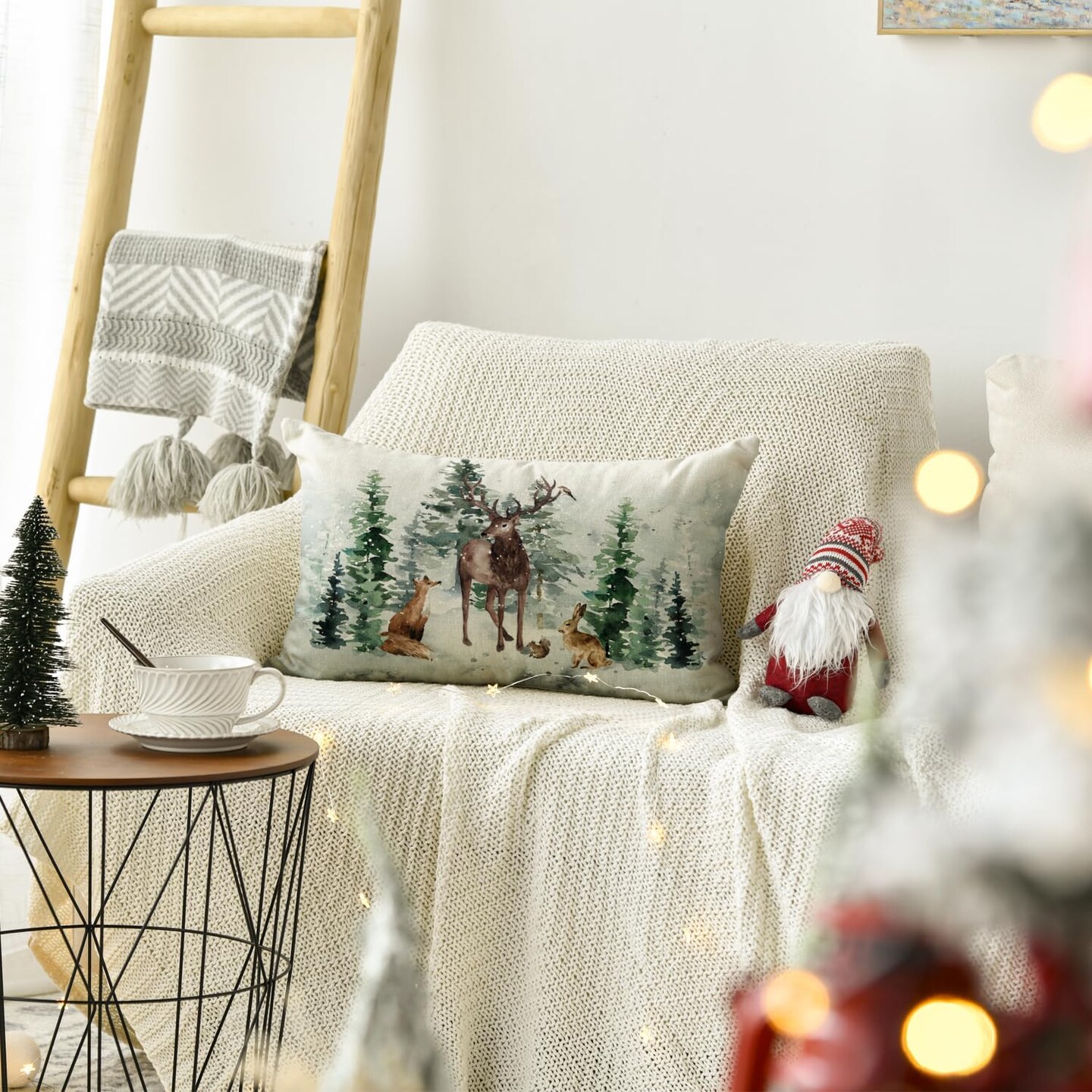 Christmas Trees Reindeer Throw Pillow Cover, 12 x 20 Inch Xmas Winter Holiday Animals Cushion Case Decoration for Sofa Couch