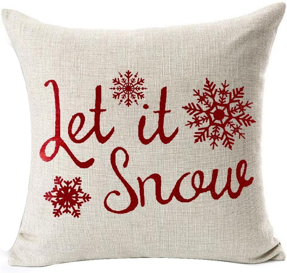 Set of 4 Throw Pillow Cover Christmas Beige Shadow Let It Snow Snowflakes Red Cotton Linen Throw Pillow Case Cushion Cover for Sofa Bed Couch Home Decor Square 18 X 18 Inches(Blood Red)