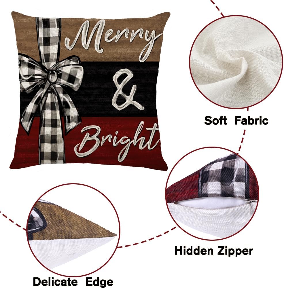 Christmas Throw Pillow Covers Set of 4,18x18 Inch Xmas Trees Snowman Santa Elk Buffalo Plaid Merry Christmas Winter Holiday Farmhouse Decorative Cushion Case for Sofa Couch Decor