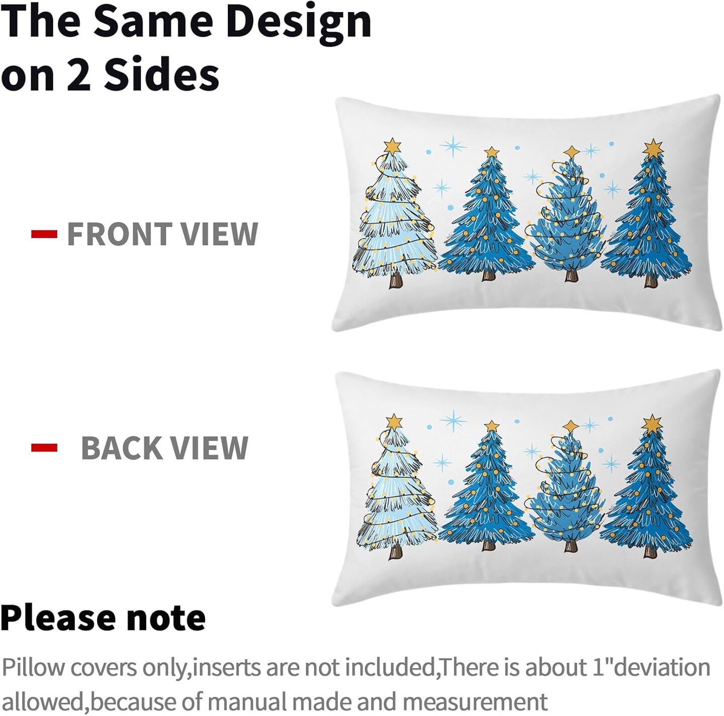 Blue Christmas Tree Lumbar Throw Pillow Covers 12X20 In Set of 2 Xmas Tree Lights Stars Decorative Rectangle Pillow Cases Winter Holiday Pillow Cover Farmhouse Home Decor For Living Room Sofa Couch