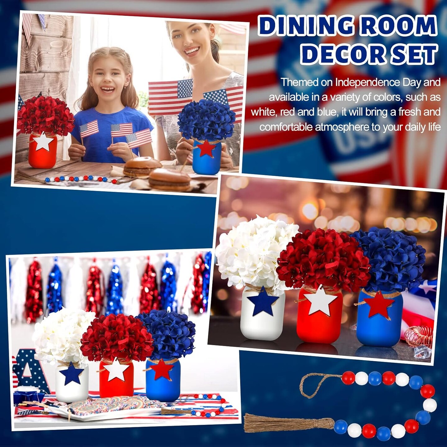 250th Anniversary Patriotic Table Centerpiece - 13 Pcs 4th of July Mason Jar Decor with Artificial Flowers & Star Garland - 1776-2026 USA Memorial Day & Independence Day Party Decorations