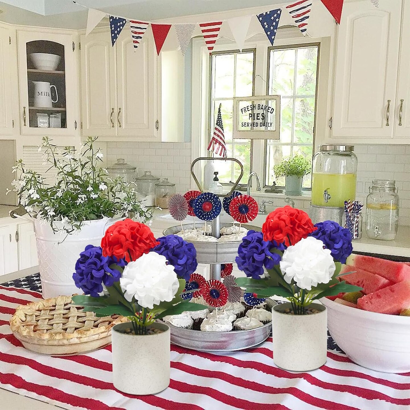 4th of July Decorations Small Fake Plants Patriotic Artificial Mums Mini Potted Plants Desk Plants for Office Table Home Shelf Kitchen Memorial Day Holiday Decor, Set of 2