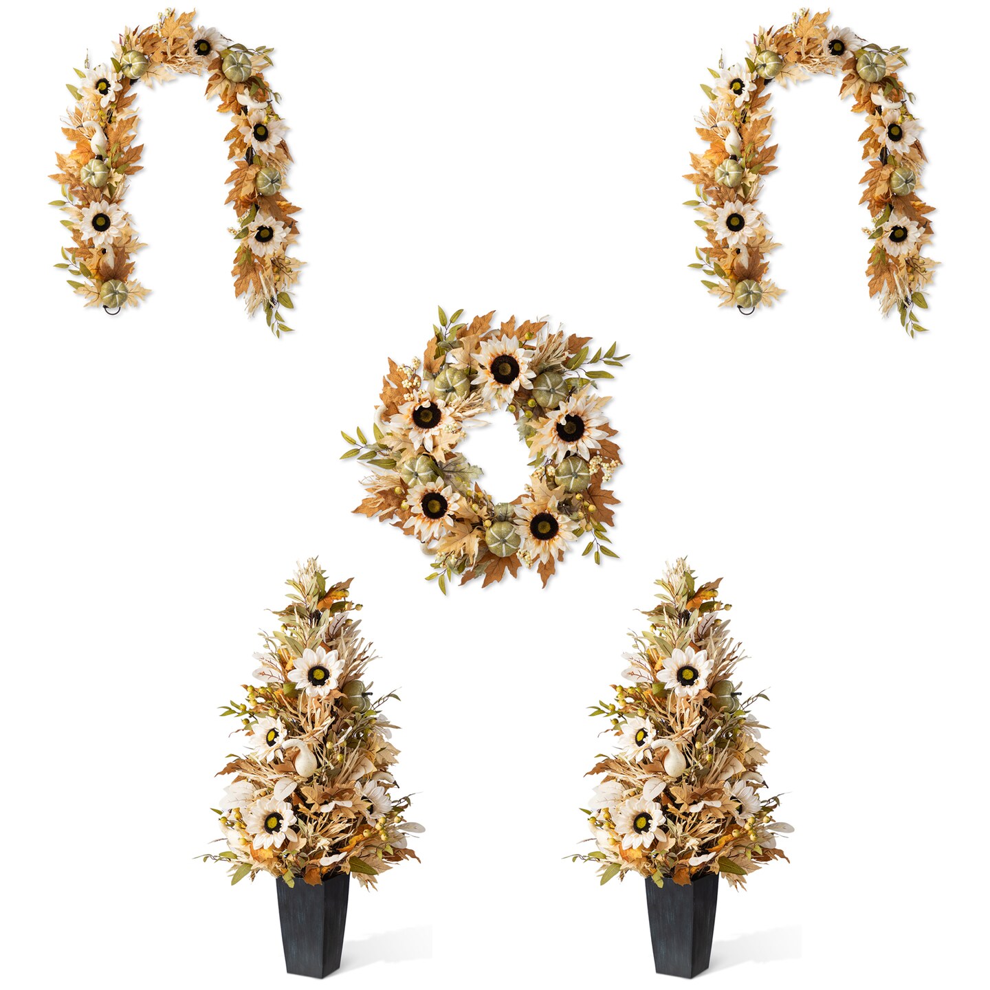 Fall Neutral Sunflower Pumpkin and Leaf Garlands/Porch Trees/Teardrops Set