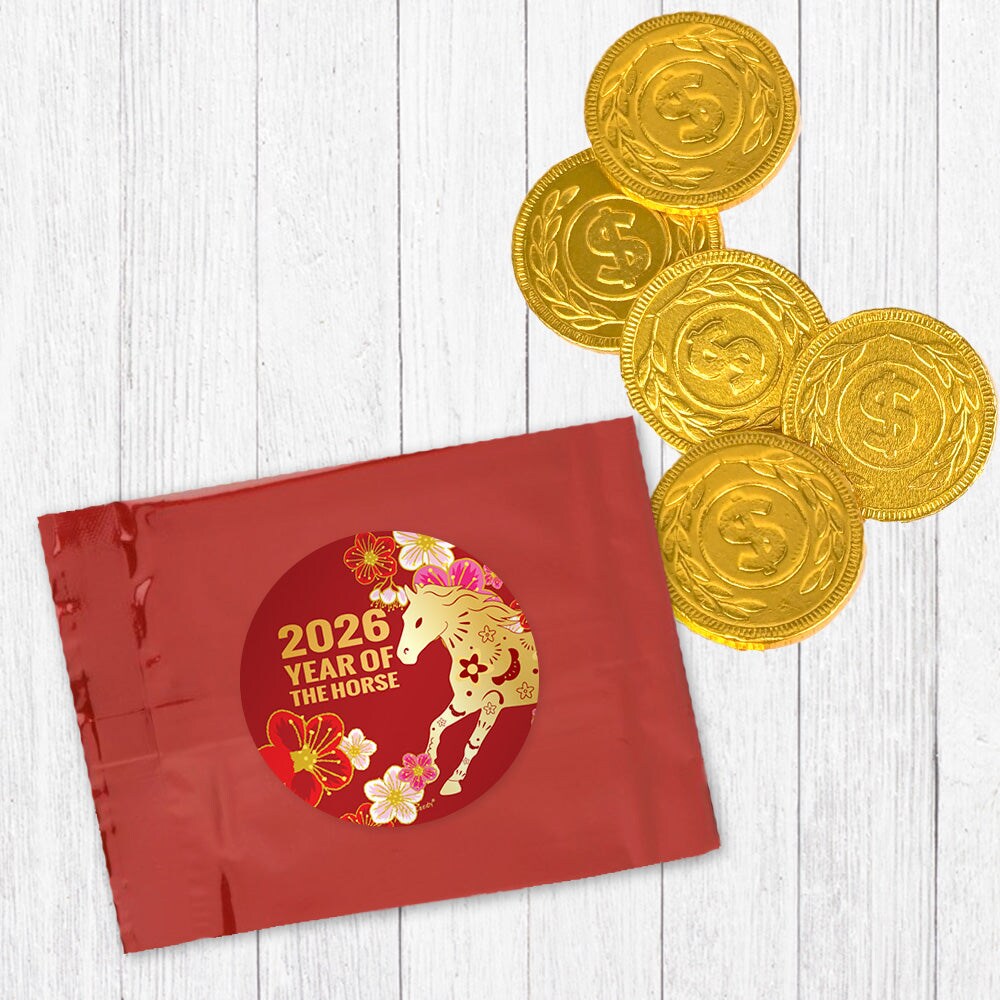 12 Pack Lucky Money Red Envelope With Gold Chocolate Coins (5 Coins Per Envelope) - Lunar New Year Celebration Favors For Wealth & Success (Year Of The Horse)