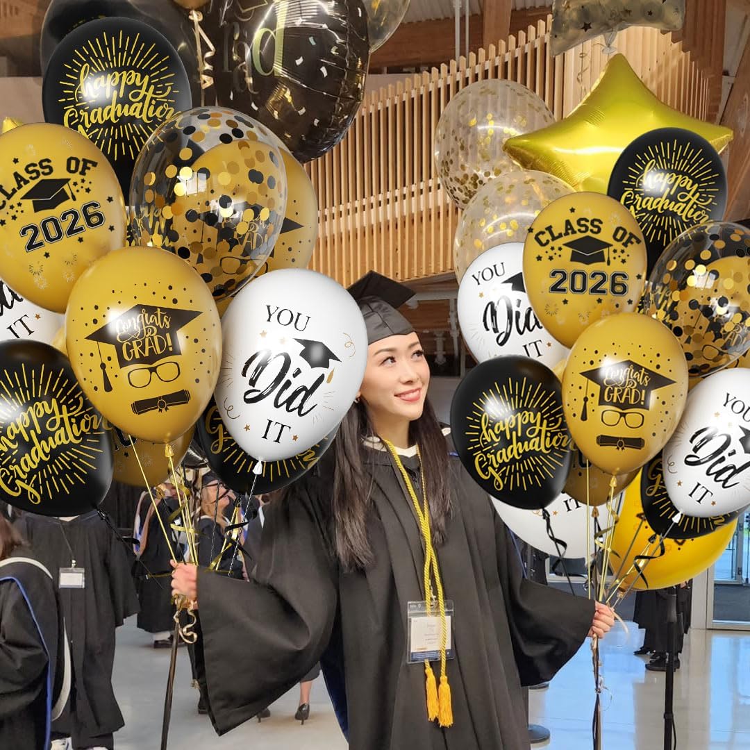 50 Pack Graduation Party Decorations Balloons Set - 12 Inch Graduation Balloons 2026 Black Gold Grad Balloon for Grad Party Decoration Supplies