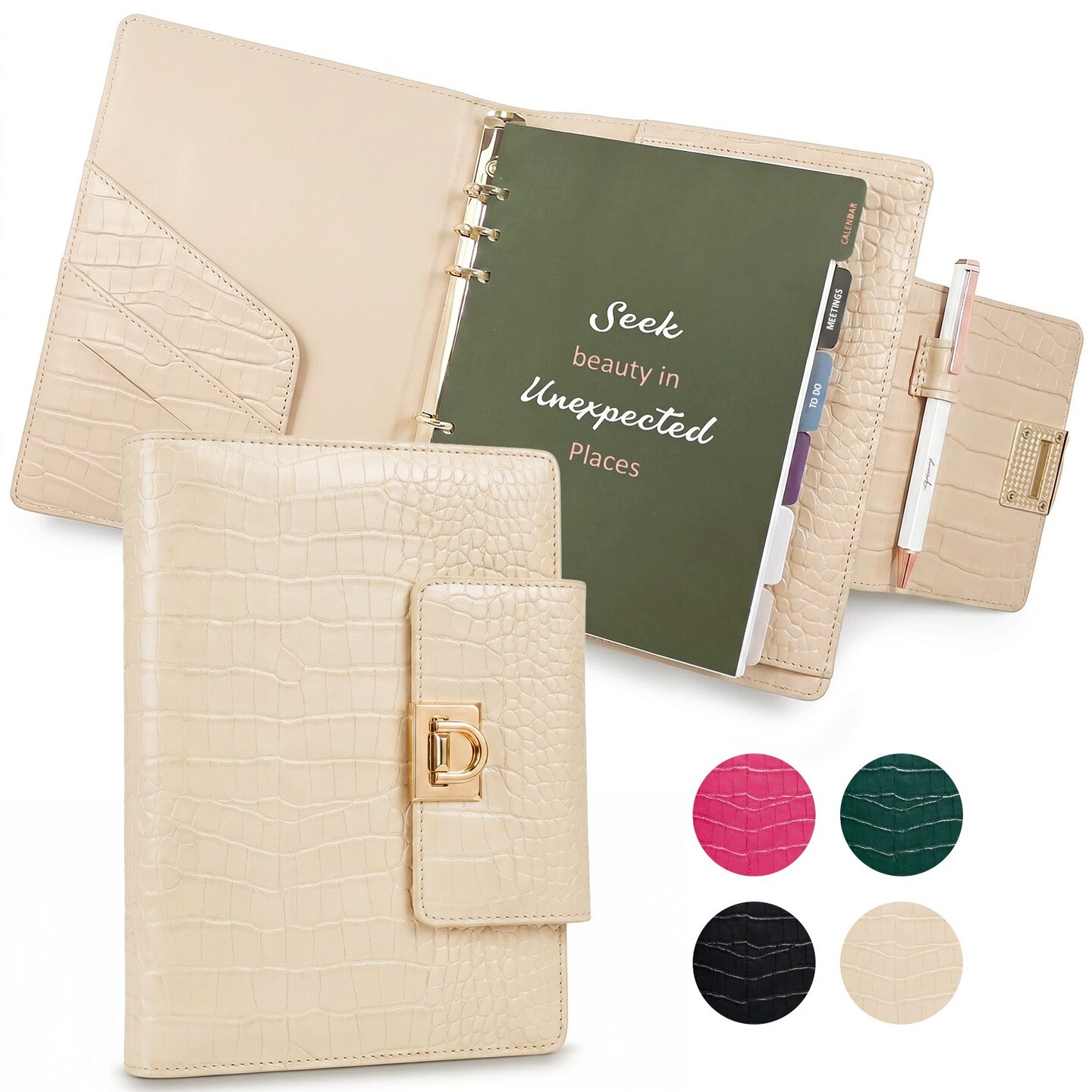 Wrapables A5 Croc-Embossed Planner and Journal Clutch, Refillable Undated Daily/Weekly Hardcover Premium Planner, Journal Notebook, Pearl Allure