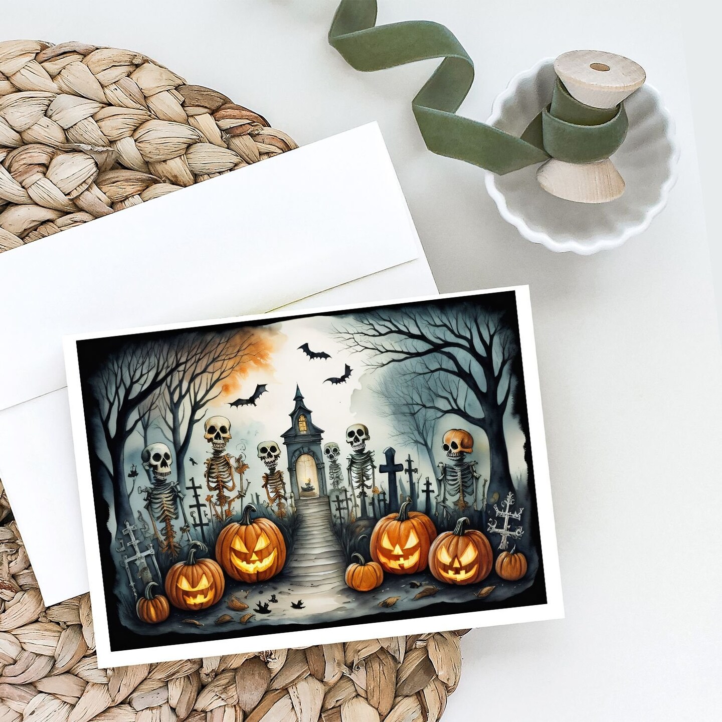 Edge Collections - 5&#x22; x 7&#x22; - Multicolor - Skeleton Spooky Halloween Greeting Cards - 8 Pieces