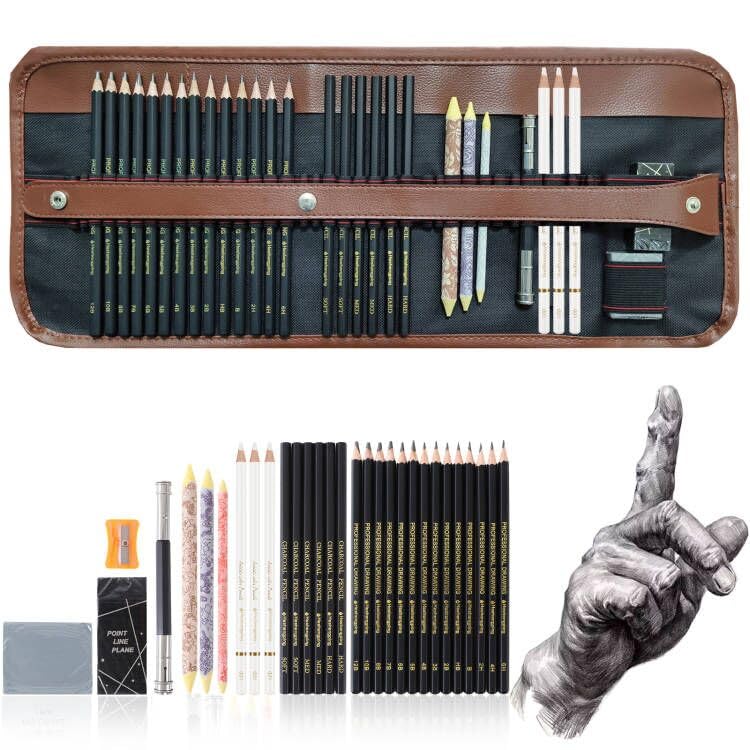 31 Drawing Sketching Pencils Kit, Portable Artist Supples Travel Case Set has Graphite, Charcoal, white color pencil, Blending Stump, gift for Adults Beginners for Drawing Sketch