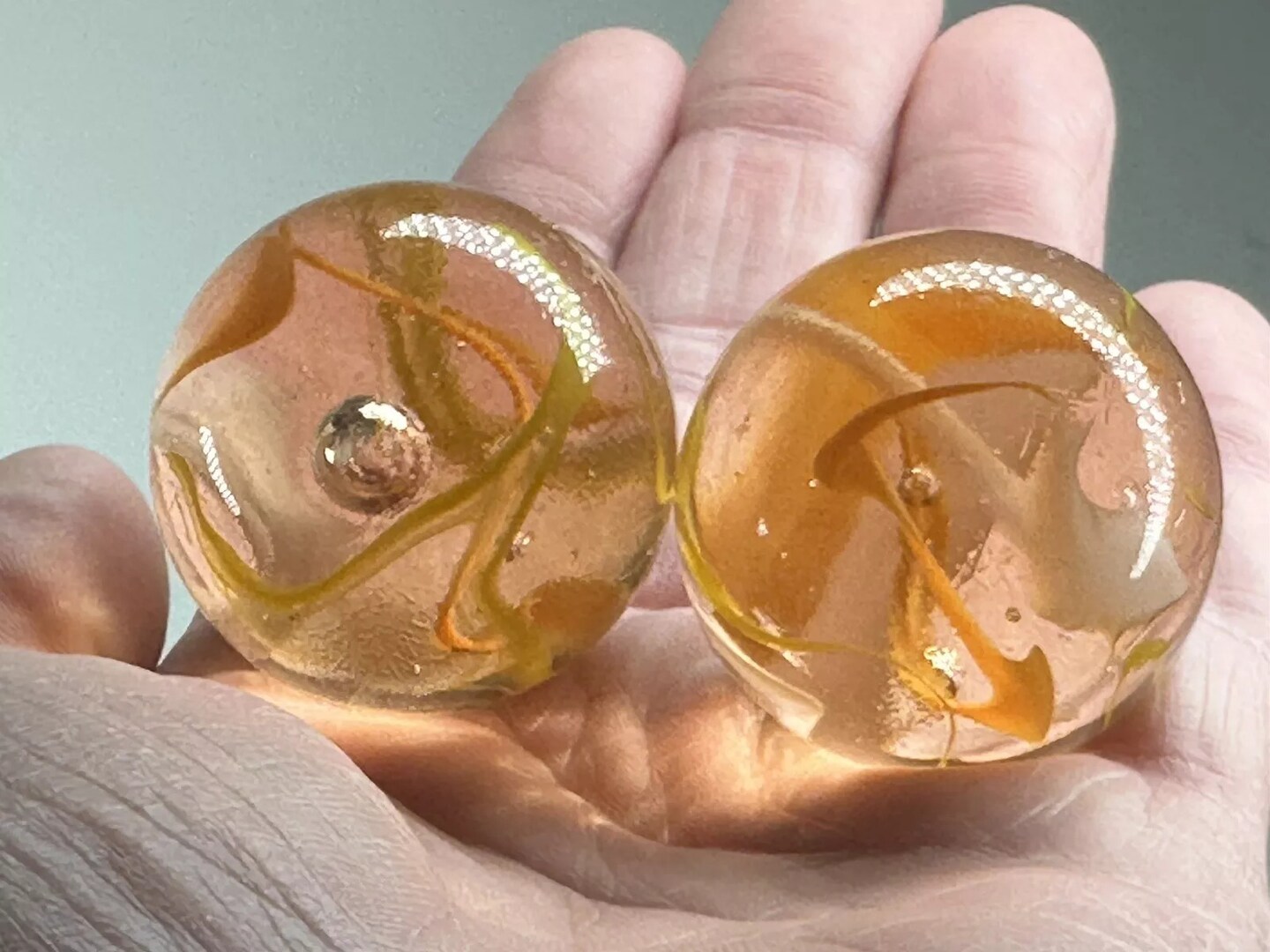 FIrefly 35mm Marbles~set of 2 Boulders glass Clear Orange/yellow/White