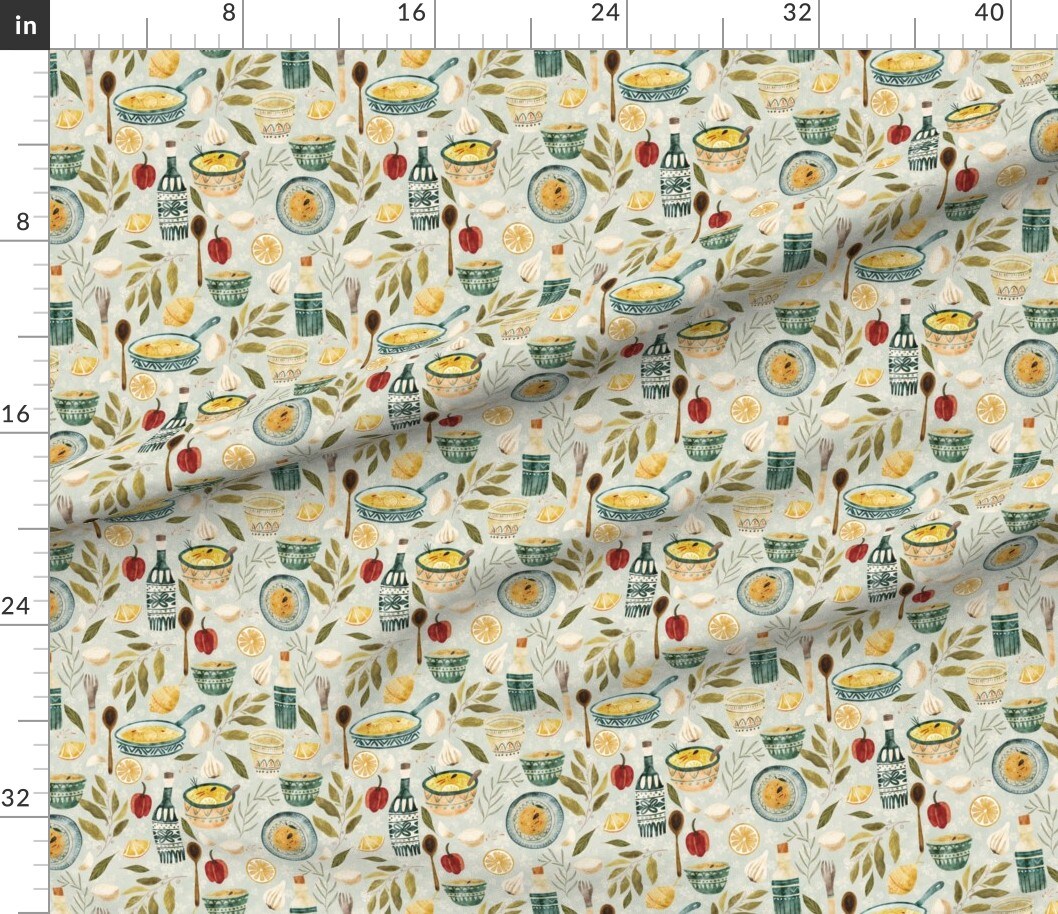 Various Fabrics by the Yard or Fat Quarter Mediterranean Food Cuisine Green Blue Mint Culinary Rustic Ingredients Paella Chef Custom Printed Fabric by Spoonflower