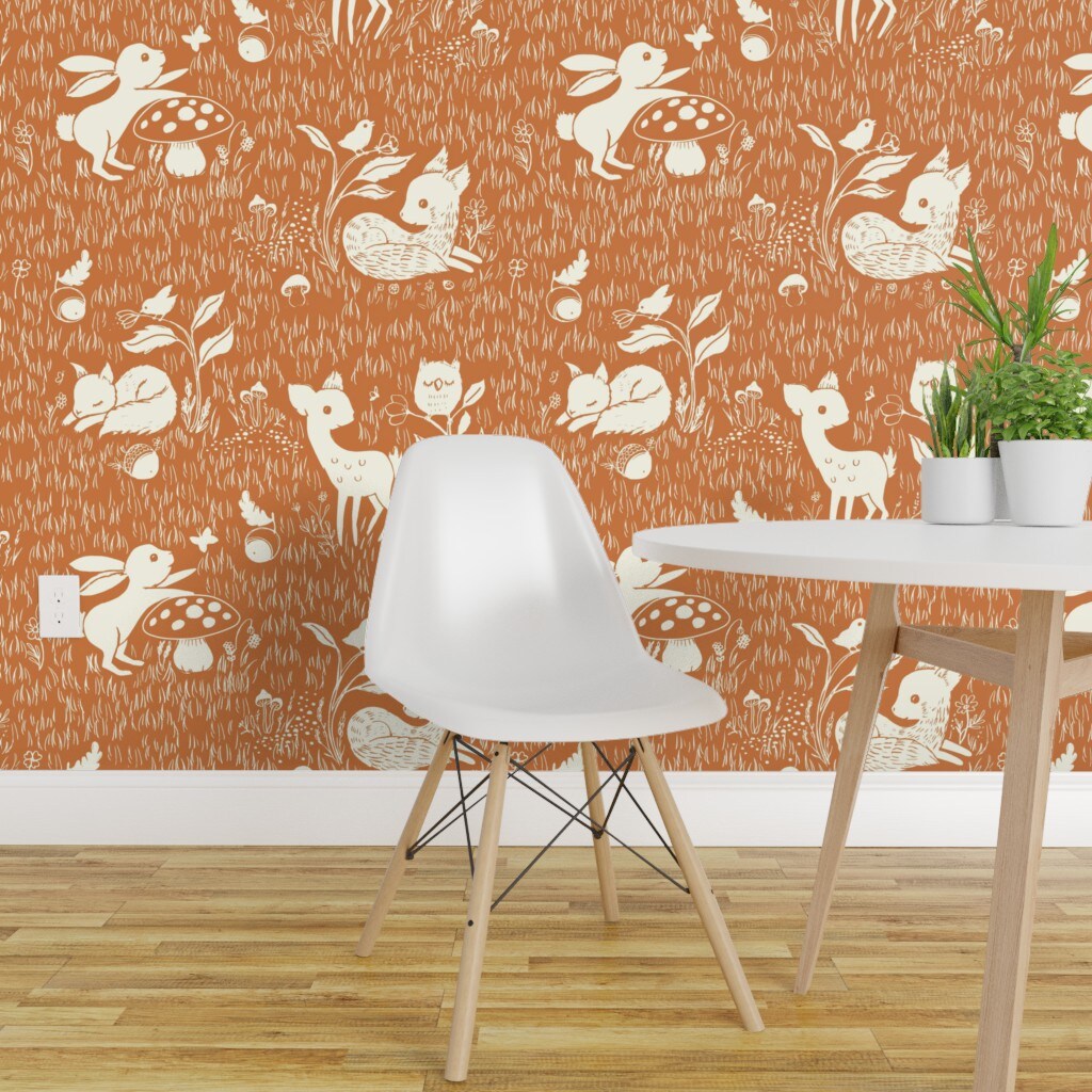 Pre-Pasted Wallpaper 2FT Wide Woodland Animal Forest Babies Pumpkin Orange Whimsical Fun Cute Happy Cheerful Custom Pre-pasted Wallpaper by Spoonflower