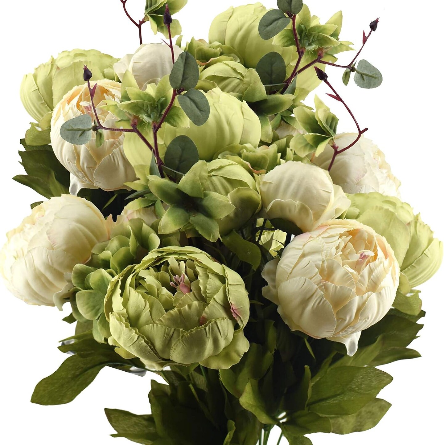 Mixed Cream Beige and Moss Green Vintage Artificial Silk Flower Peonies 2 Bouquets Floral