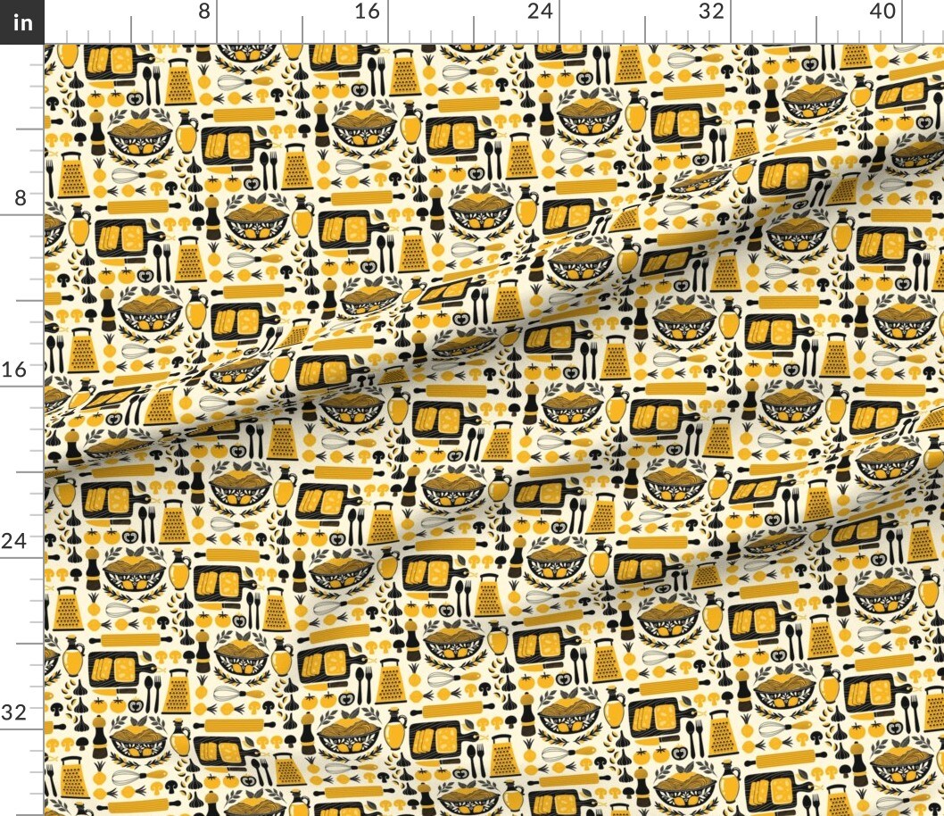 Retro Kitchen Yellow And Black Tomato Onion Garlic Knife Cutting Board Bowl Bread Spaghetti Custom Printed Fabric by Spoonflower Various Fabrics by the Yard or Fat Quarter
