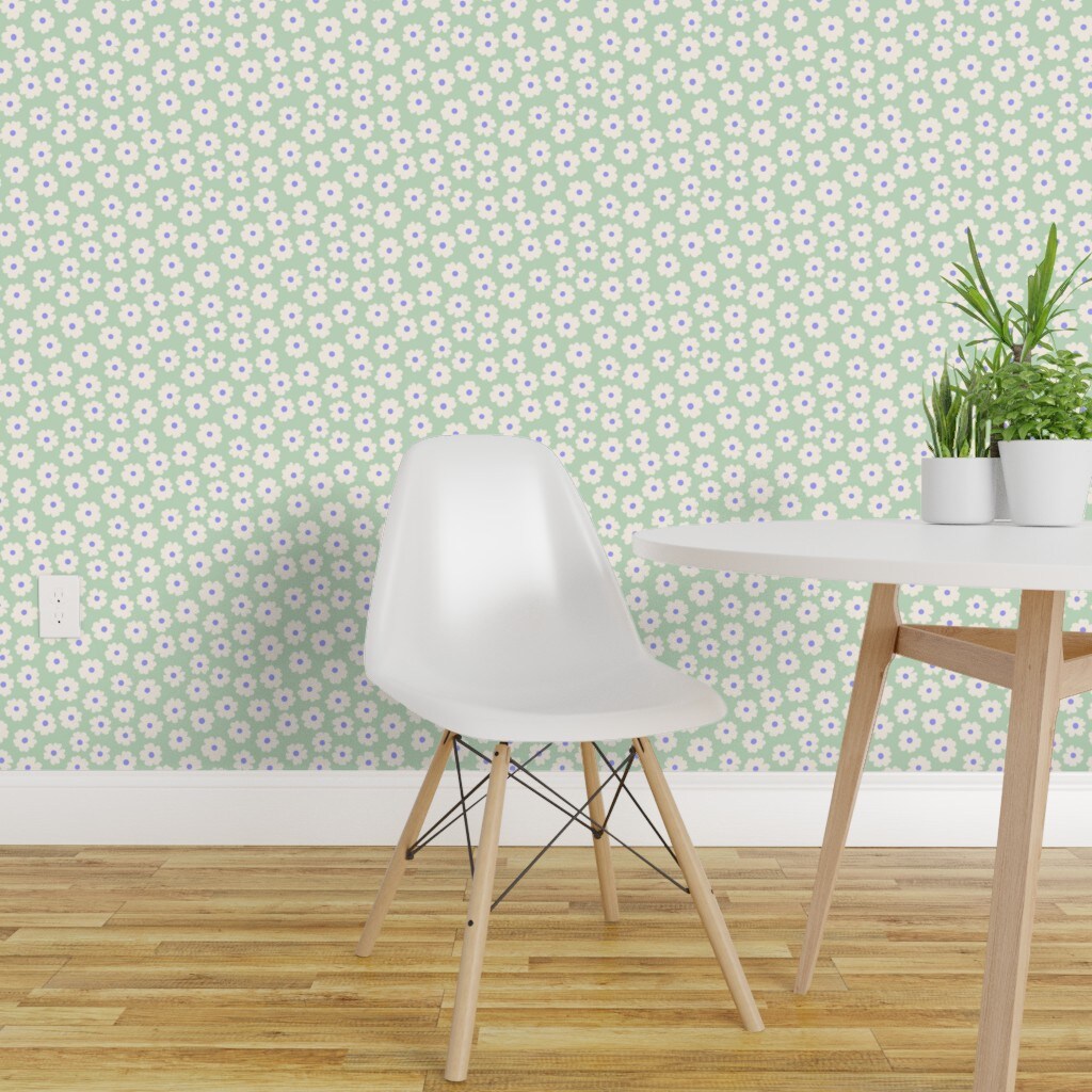 Peel &#x26; Stick Wallpaper 2FT Wide Ditsy Daisy Flower Mint Green Cute Floral Small Scale Kids Spring Pretty Pastel Custom Removable Wallpaper by Spoonflower