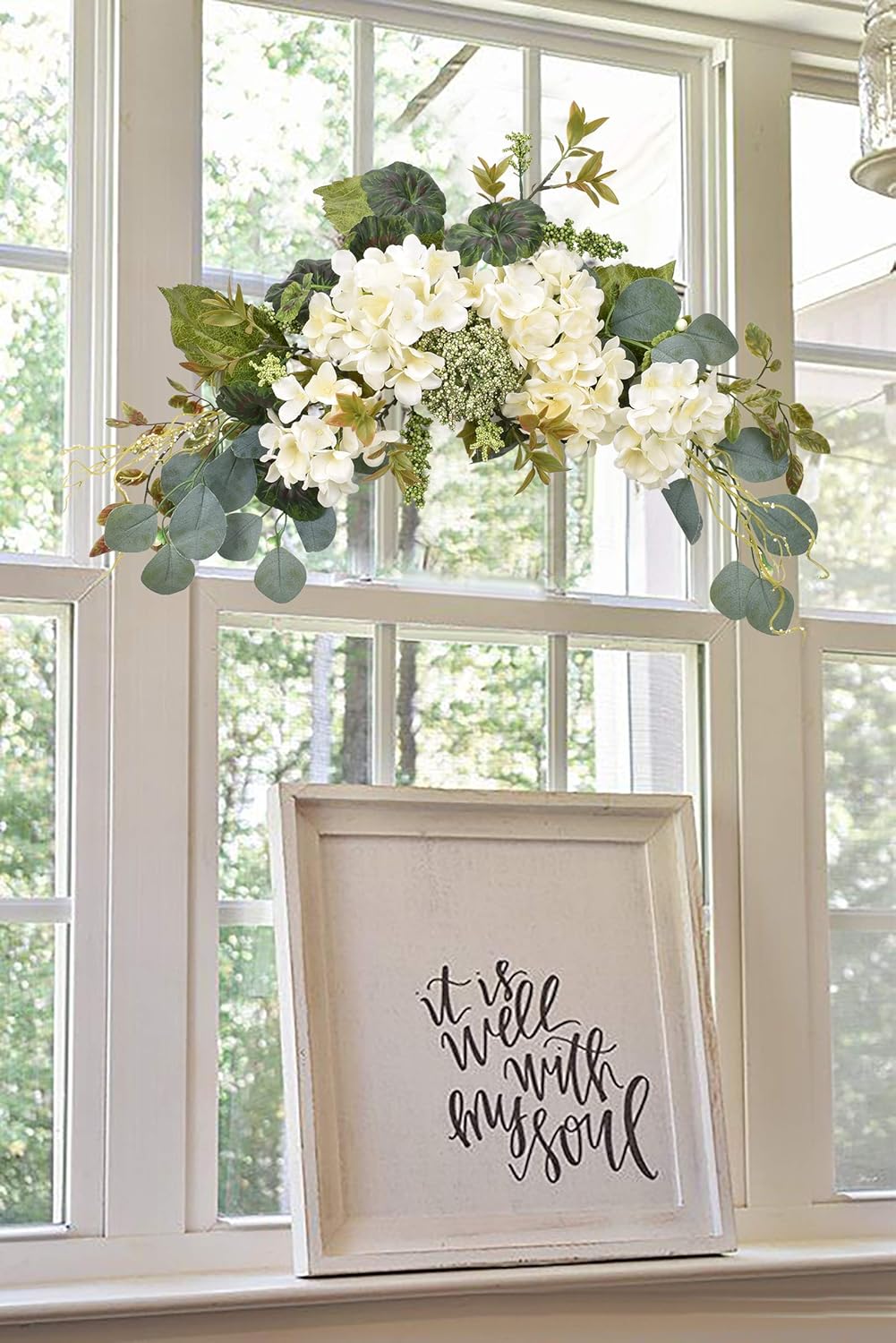 Artificial Swag Hydrangea Flower 28 Inch, White Spring Decorative Swags with Green Leaves for Home Room Front Door Wedding Arch Garden Party Tabletop Wall Decor