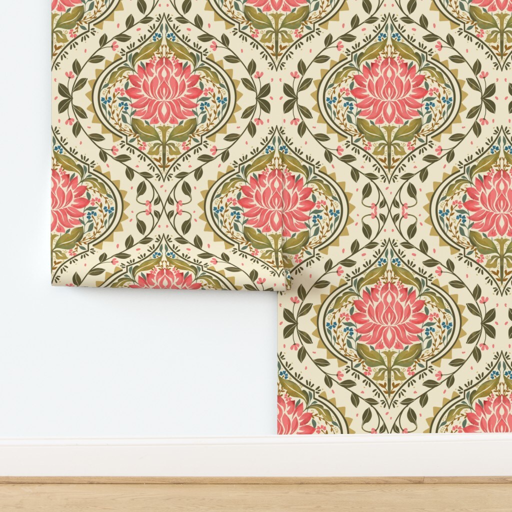 Boho Floral Pink Botanical Garden Bloom Meadow Wildflower Nature Damask Peace Bohemian Lotus Green Beige Large Scale Custom Removable Wallpaper by Spoonflower Peel & Stick Wallpaper 2FT Wide