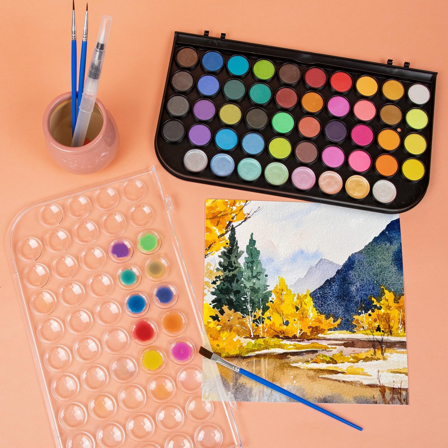 40+8 Watercolor Paint Set, Washable Water Color Paint Sets for Kids Adult Beginner, Non-toxic Watercolors with 3 Brushes 1 Refillable Water Brush Pen and Palette, Artists Watercolor Set, Art Supplies