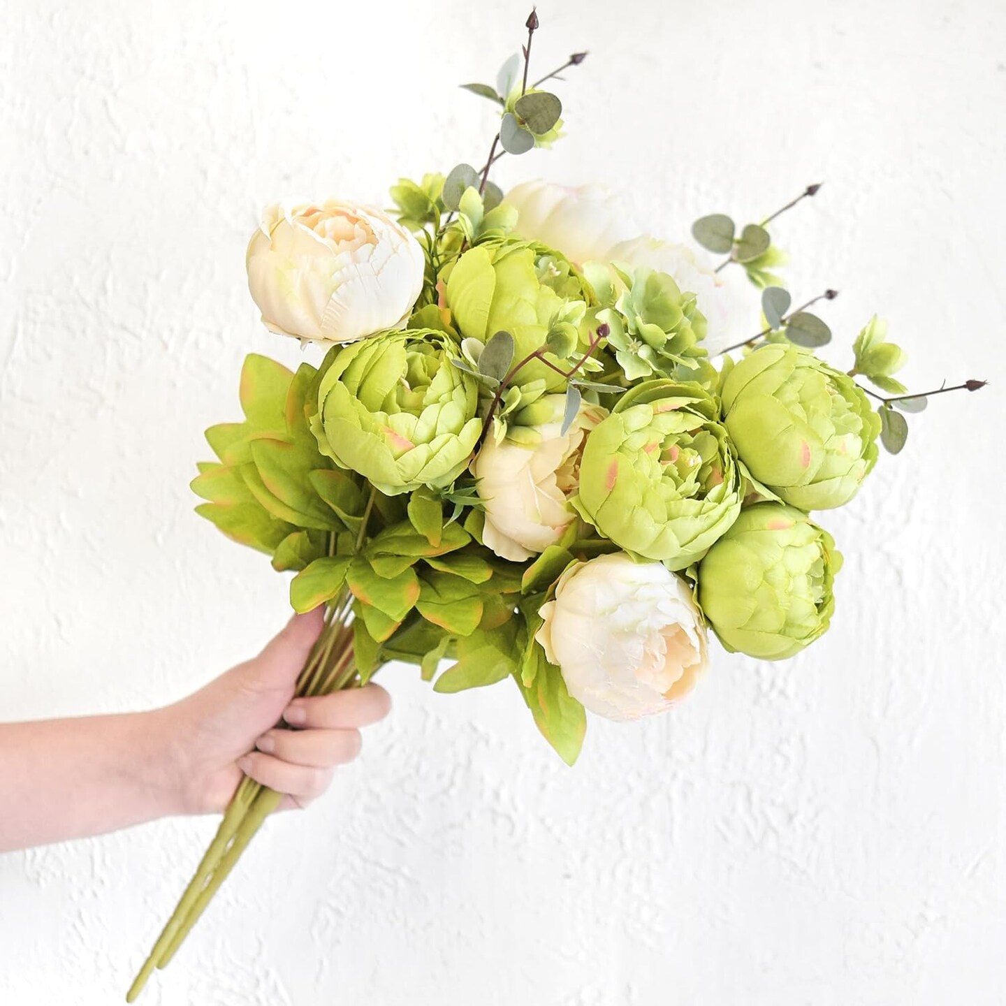 Mixed Cream Beige and Moss Green Vintage Artificial Silk Flower Peonies 2 Bouquets Floral