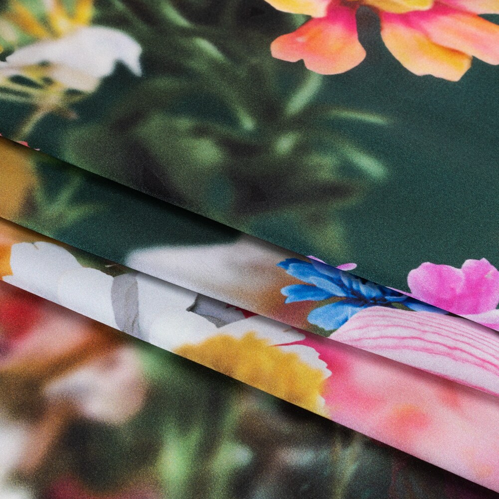 1 Yard Vibrant Silk Charmeuse Fabric Green, Pink and Yellow Floral Design 54 inch Width