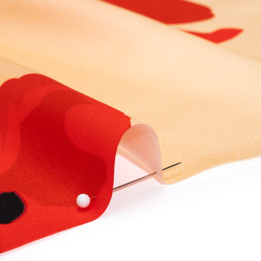 1 Yard Beige, Red and Black Poppy Stems Border Printed Silk Charmeuse Fabric 53 inch Width
