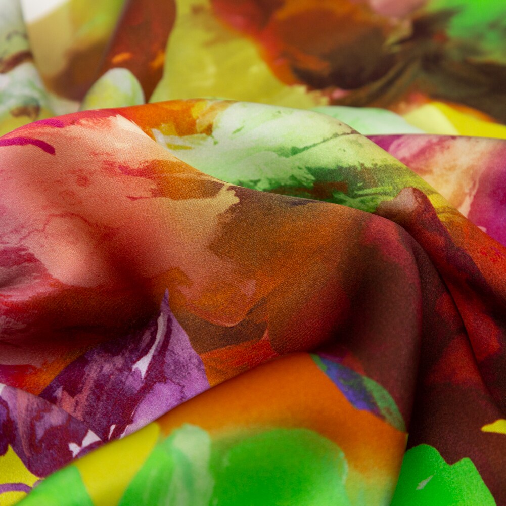 1 Yard Italian Green and Orange Painterly Floral Digitally Printed Silk Charmeuse Fabric 55 inch Width