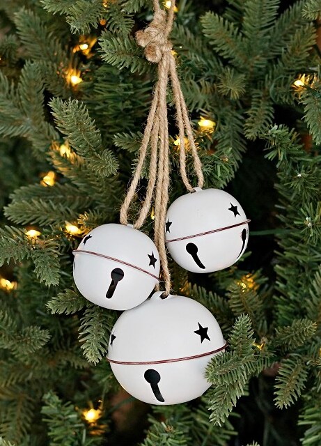 White Metal Jingle Bell Cluster with Rope &#x2013; Rustic Farmhouse Christmas Door Hanger