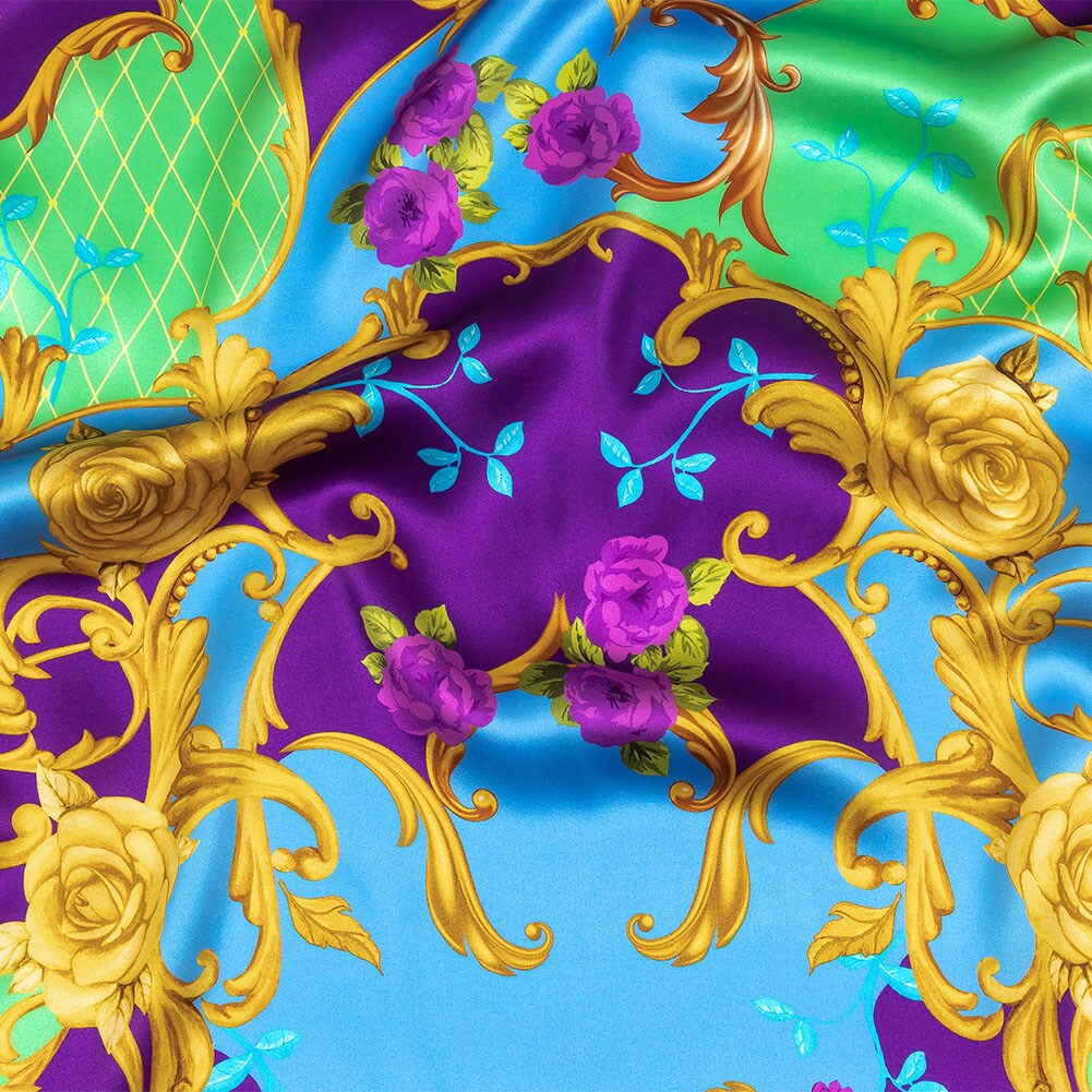 1 Yard Silk Charmeuse Royal Purple, Blue and Gold Rose Filigree, 53 Inches Wide