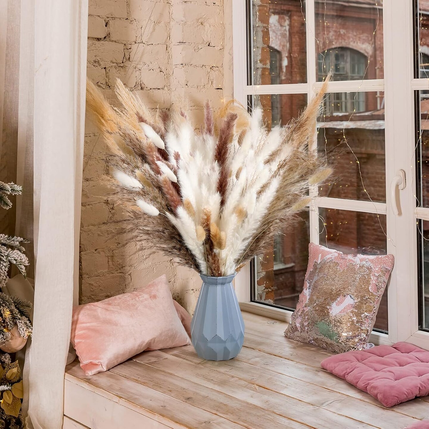 17 Inch Dried Flower Plants Bulk White and Brown Pampas Grass( Vintage Colors)