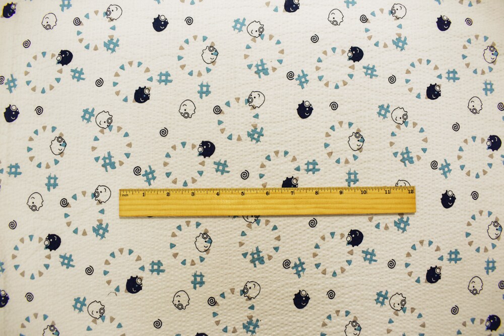 Ivory-Navy-Multi Japanese Cotton Abstract Pig Printed Plisse Woven Fabric By the Yard