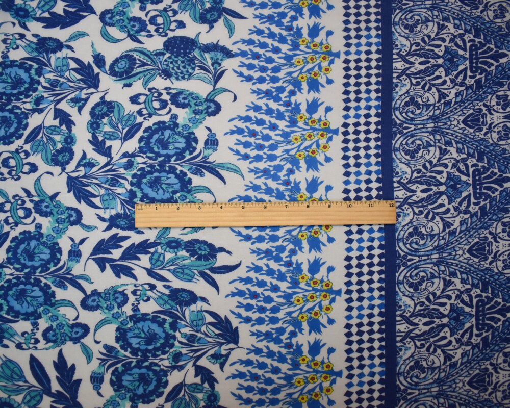 Blue-White-Multi Poly Floral Paisley Border Print Chiffon Woven Fabric By the Yard