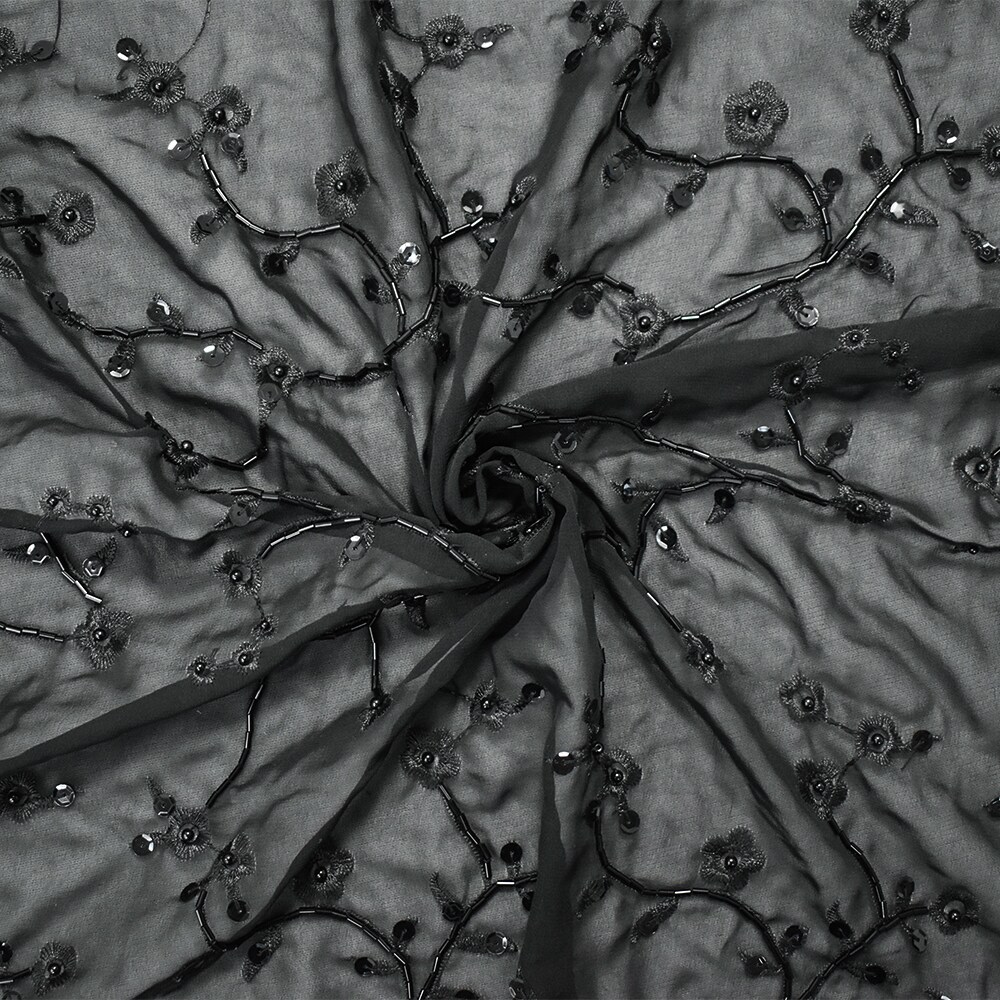 Black Polyester Embroidered Floral Vine Sequin Beaded Chiffon Woven Fabric By the Yard