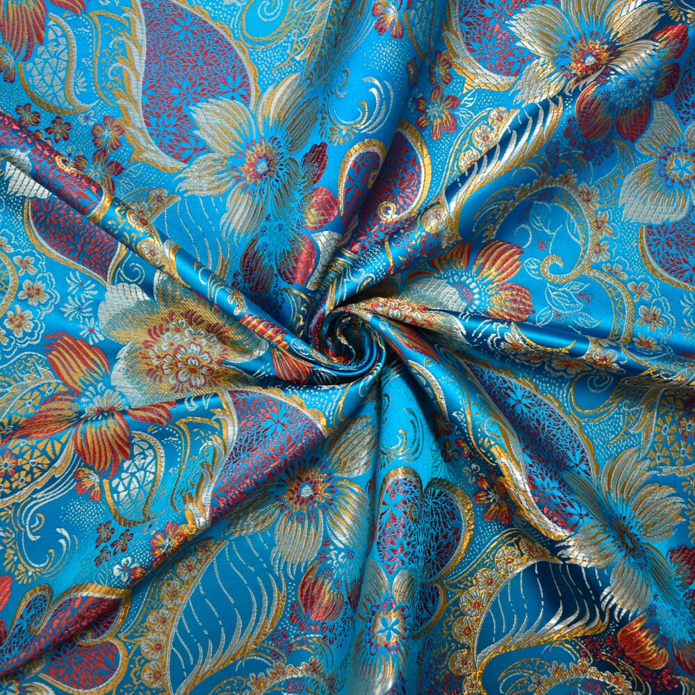Aqua Blue-Multi Polyester Floral Chinese Brocade Woven Fabric By the Yard