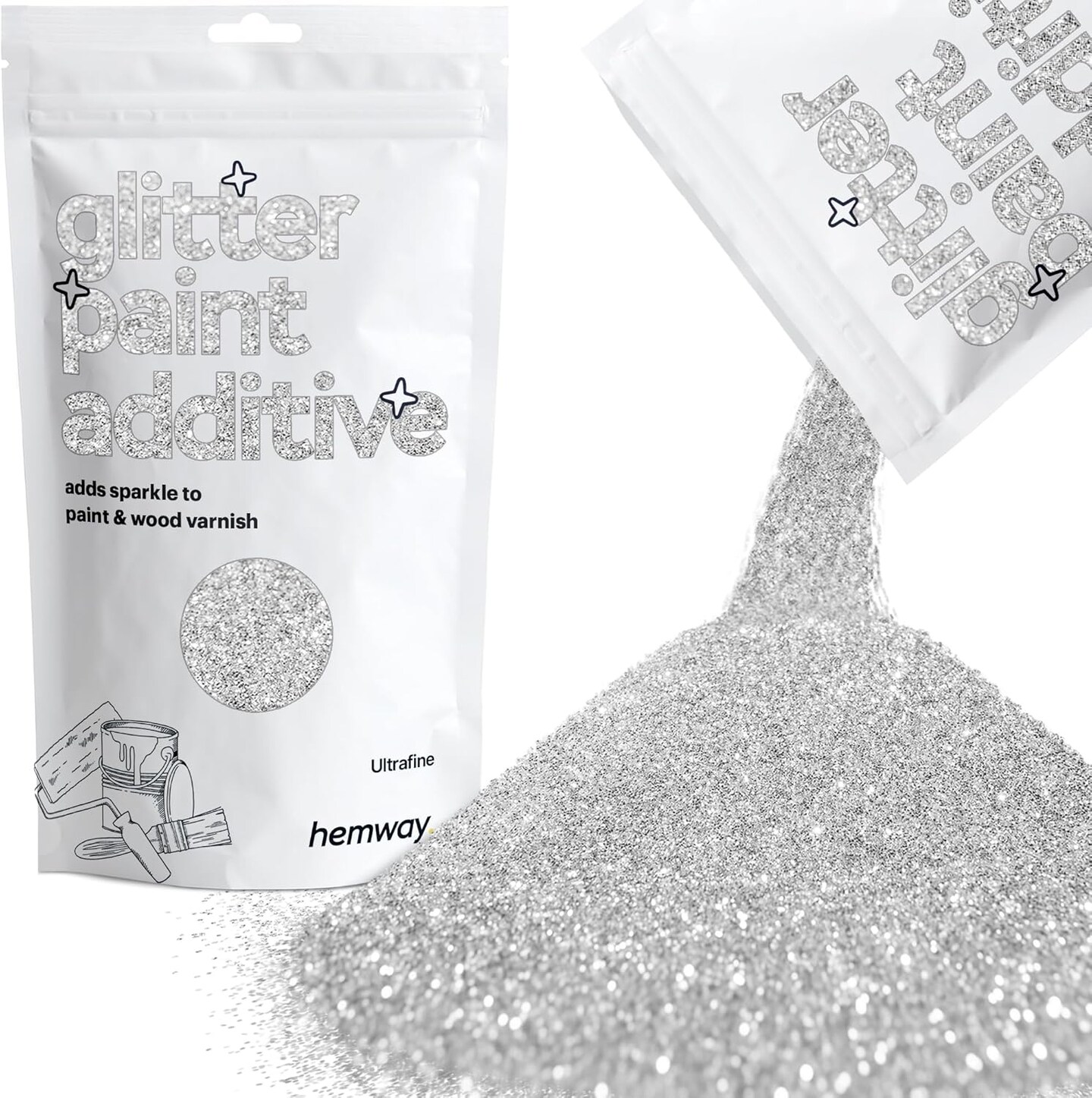 Glitter Paint Additive – Silver Crystals for Acrylic Paint, Walls, Furniture & Varnish, Interior & Exterior, Matte/Gloss/Satin/Silk, 100g / 3.5oz