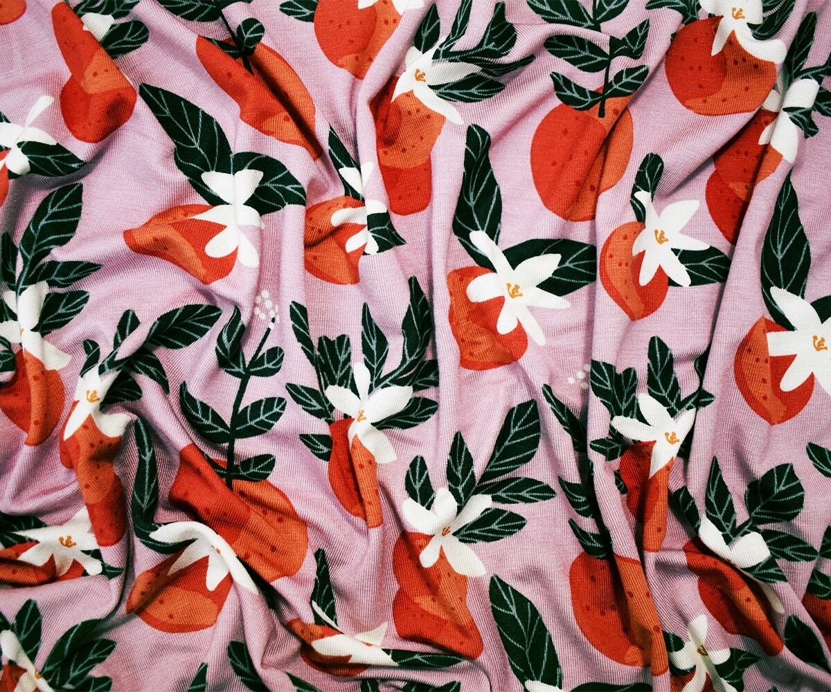 Orange-Multi Rayon Modal Fruit Floral Print Stretch Spandex Jersey Knit Fabric By the Yard