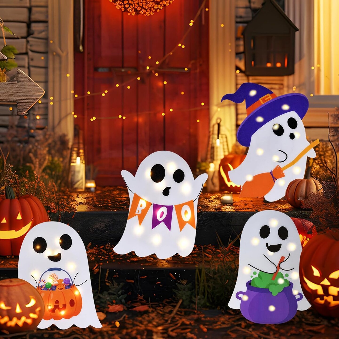 4 Packs Halloween Decorations Outdoor Scary Witch Pumpkin Boo Signs with Lights